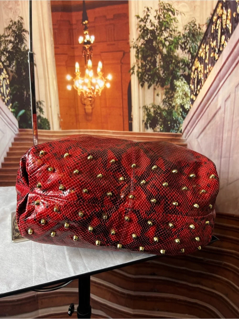 Worth New York Red Studded Snake Print Genuine Leather Shoulder Bag 🔥 Hobo
